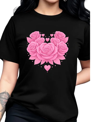 Women'S Casual Floral Heart Print Round Neck T-Shirt,