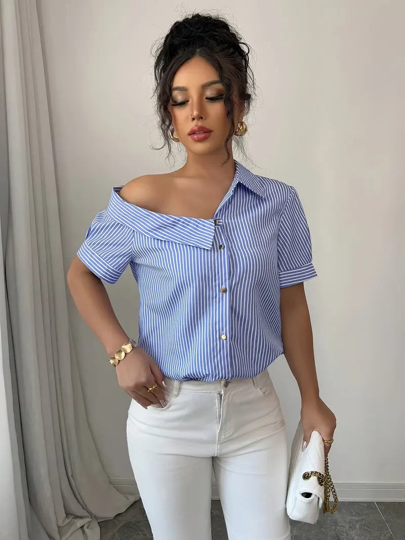[Off-Shoulder Shirt] Elegant Women's Off-Shoulder Striped Shirt