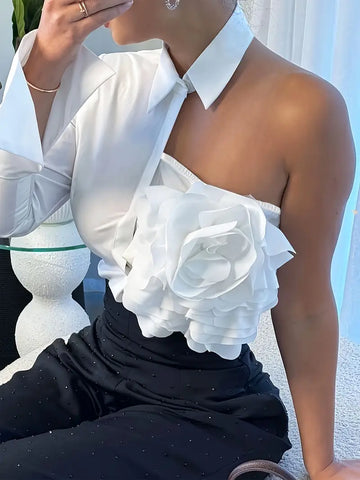 Elegant Women's Top Shirt with Ruffled Neckline Offshoulder Styling