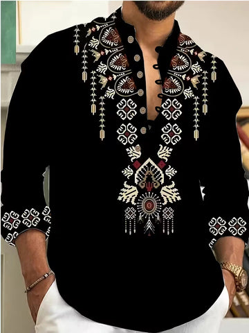 Men's Casual Long Sleeve Button-Up Shirt - Black with Red & Golden Geometric Print, Stand Collar