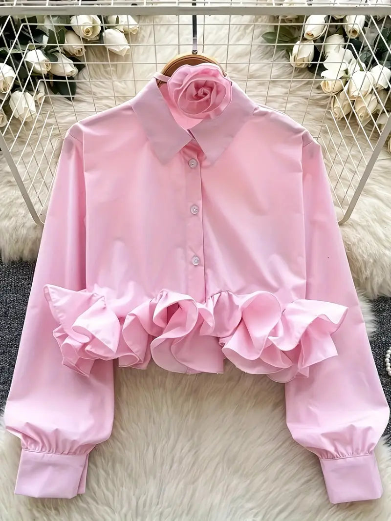 [Lace Shirt with Flower] 3D Lace Design Turn-Collar Short Sleeve Shirt