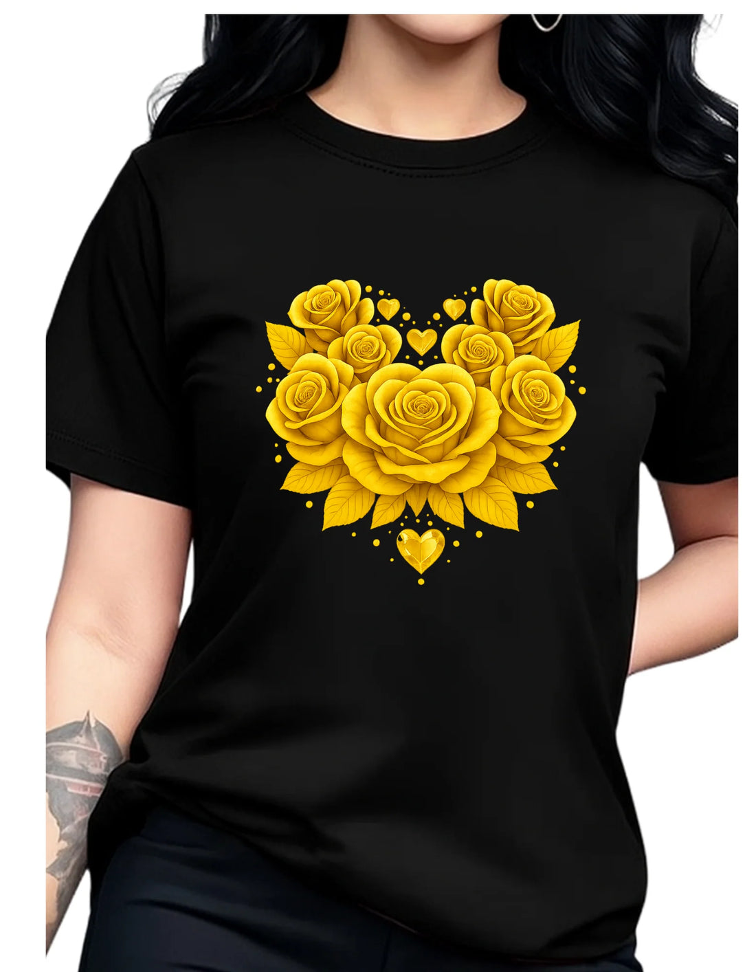 Women'S Casual Floral Heart Print Round Neck T-Shirt,