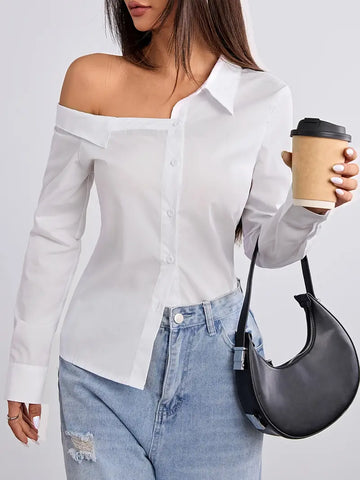 Stylish One-Shoulder Long Sleeve Blouse - Chic Solid Color, Button Front,