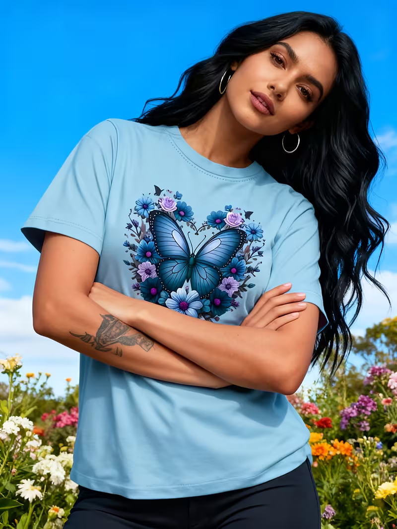 Women'S Floral Rose Butterfly's  Print T-Shirt